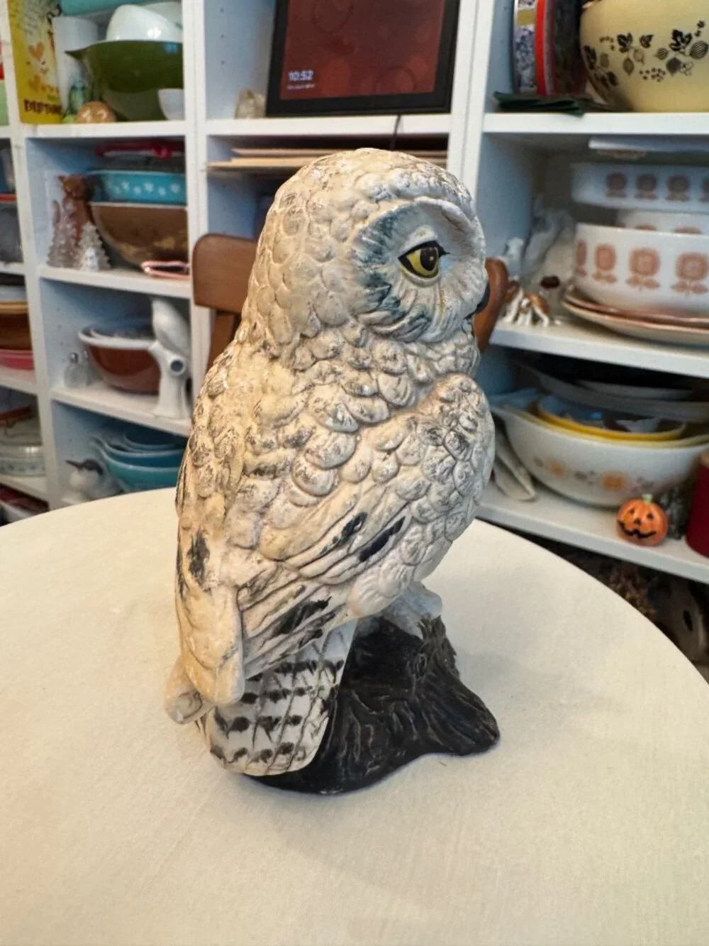 Vintage Enesco E5138 Owl on Stump white tan brown read